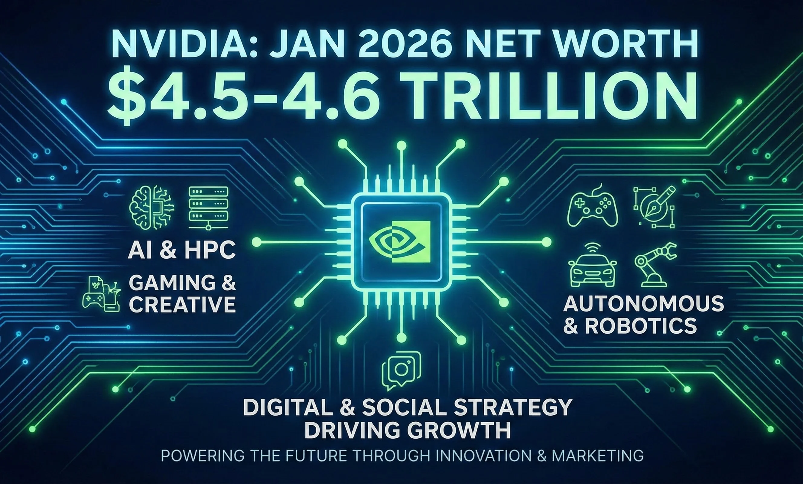 January 2026, NVIDIA's net worth is around $4.5-$4.6 trillion. The company, known for inventing the GPU, leads innovations in AI, HPC, gaming